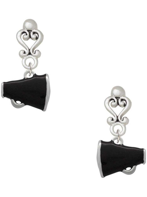 Silver Plated Small Black Megaphone - Filigree Heart Post Earrings