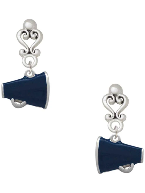 Silver Plated Small Navy Blue Megaphone - Filigree Heart Post Earrings