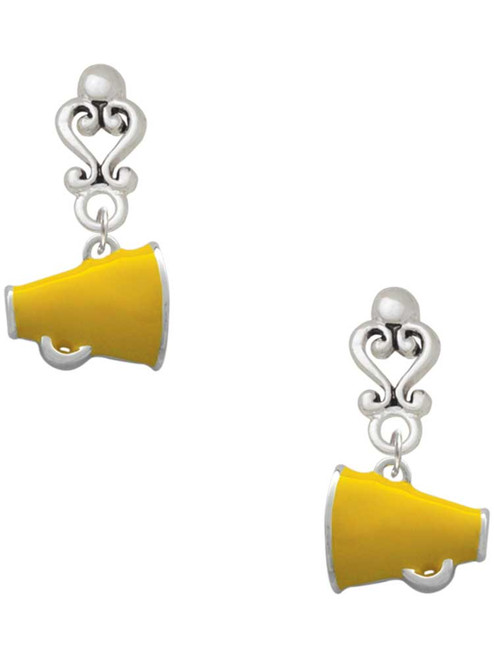 Silver Plated Small Yellow Megaphone - Filigree Heart Post Earrings