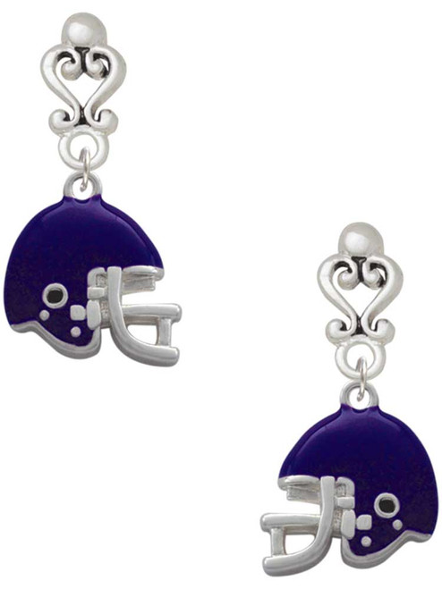 Silver Plated Small Purple Football Helmet - Filigree Heart Post Earrings