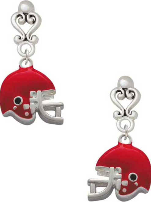 Silver Plated Small Red Football Helmet - Filigree Heart Post Earrings