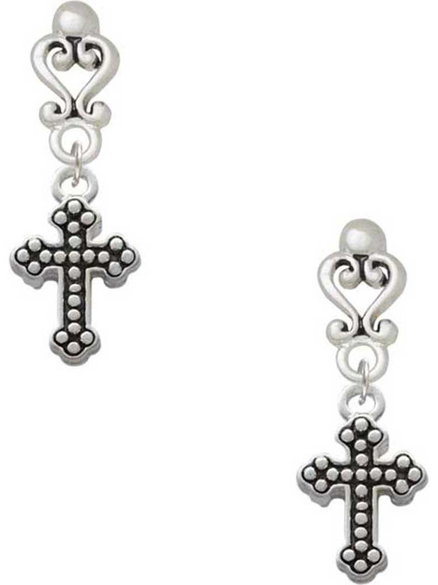 Silver Plated Small Botonee Cross with Beaded Decoration - Filigree Heart Post Earrings