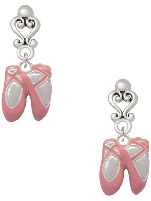 Silver Plated Large Pink Ballet Slippers - Filigree Heart Post Earrings