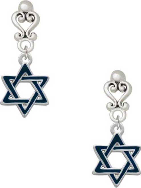 Silver Plated Blue Star Of David - Filigree Heart Post Earrings