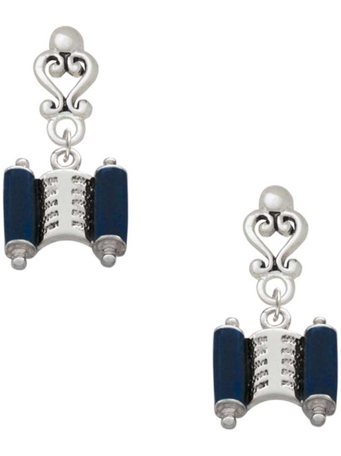Silver Plated Blue Torah Scroll - Filigree Heart Post Earrings