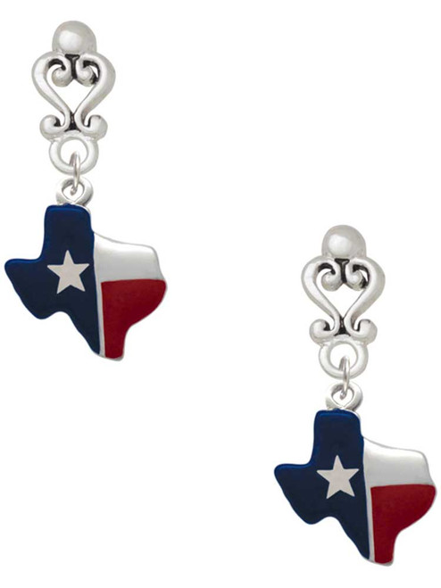Silver Plated Red and Blue Texas - Filigree Heart Post Earrings