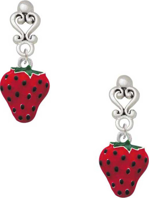 Silver Plated Large Enamel Strawberry - Filigree Heart Post Earrings