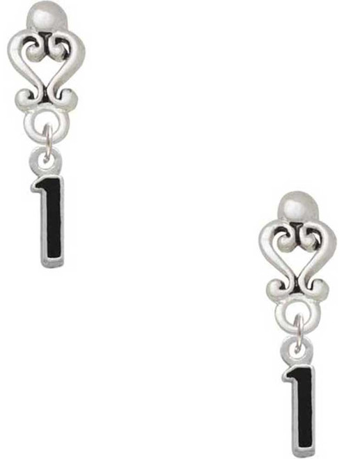 Silver Plated Black Number - 1 - Filigree Heart Post Earrings