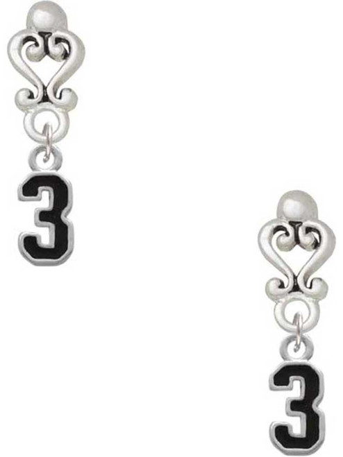 Silver Plated Black Number - 3 - Filigree Heart Post Earrings