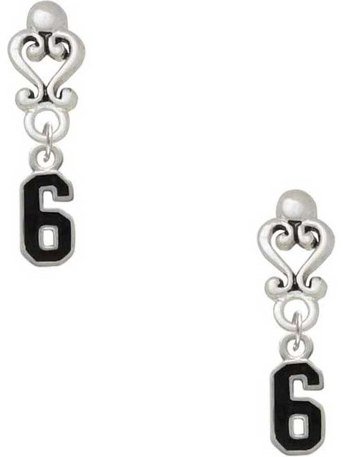 Silver Plated Black Number - 6 - Filigree Heart Post Earrings