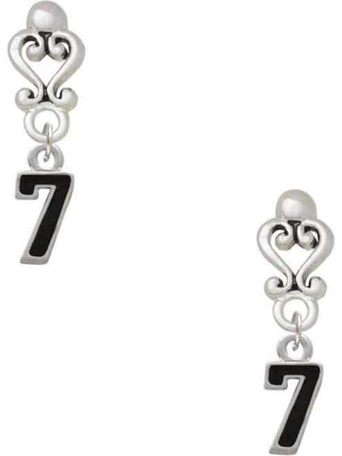 Silver Plated Black Number - 7 - Filigree Heart Post Earrings