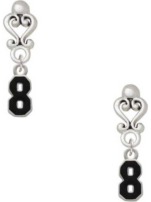 Silver Plated Black Number - 8 - Filigree Heart Post Earrings