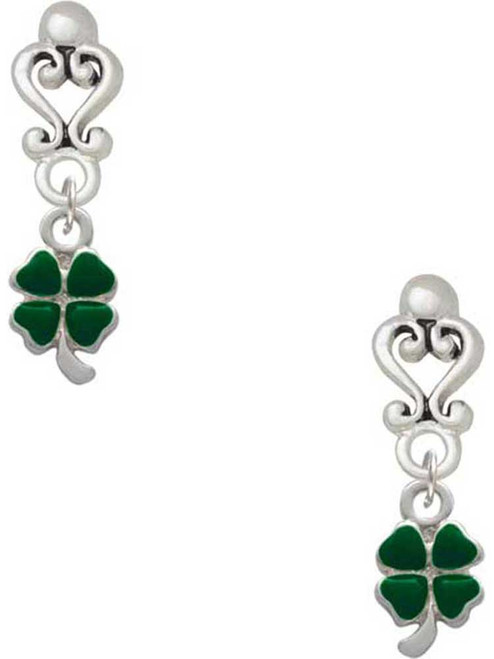Silver Plated Mini Green Four Leaf Clover with Heart Leaves - Filigree Heart Post Earrings