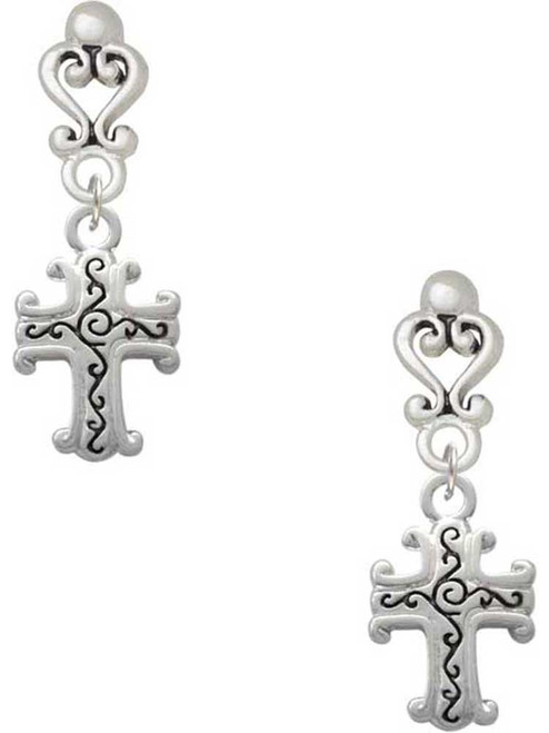 Silver Plated Scroll Cross with Antiqued Decoration - Filigree Heart Post Earrings