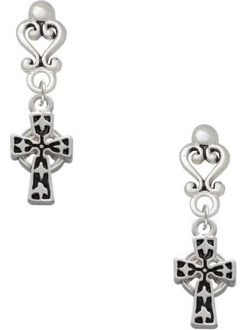 Silver Plated Antiqued Celtic Cross - Filigree Heart Post Earrings