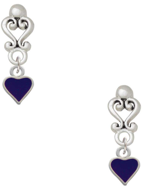 Silver Plated Mini Two Sided Purple Heart - Filigree Heart Post Earrings