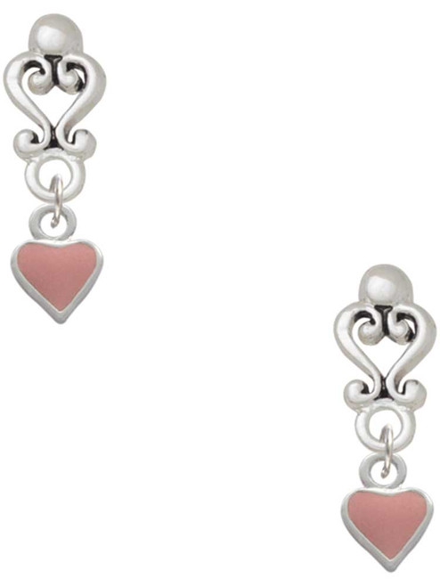 Silver Plated Mini Two Sided Pink Heart - Filigree Heart Post Earrings