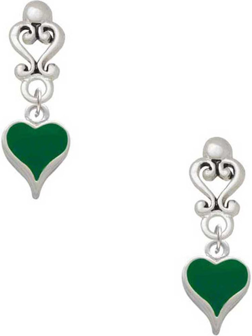 Silver Plated Small Long Green Heart - Filigree Heart Post Earrings