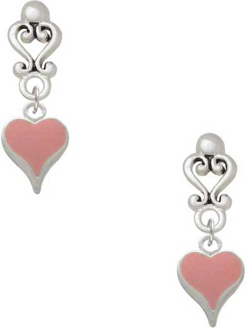 Silver Plated Small Long Pink Heart - Filigree Heart Post Earrings