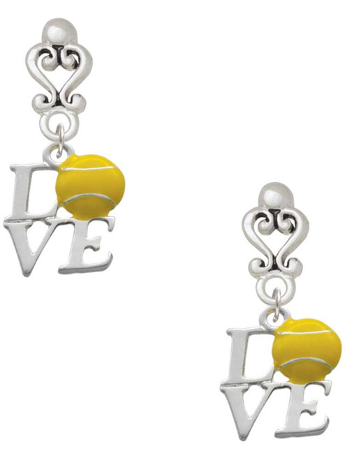 Silver Plated Love with Tennis Ball - Filigree Heart Post Earrings