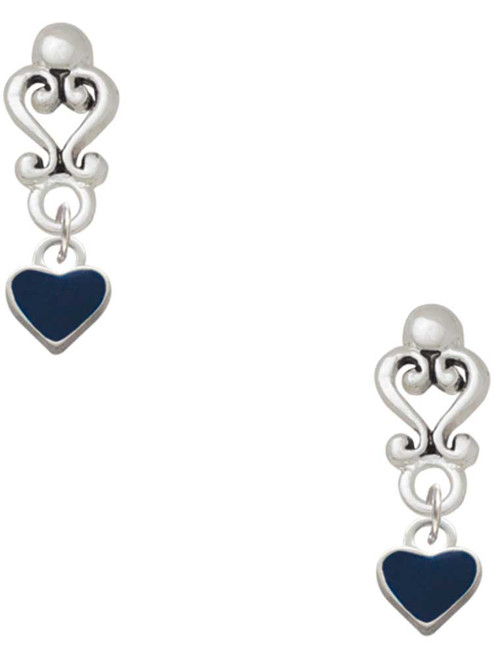 Silver Plated Mini Two Sided Blue Heart - Filigree Heart Post Earrings