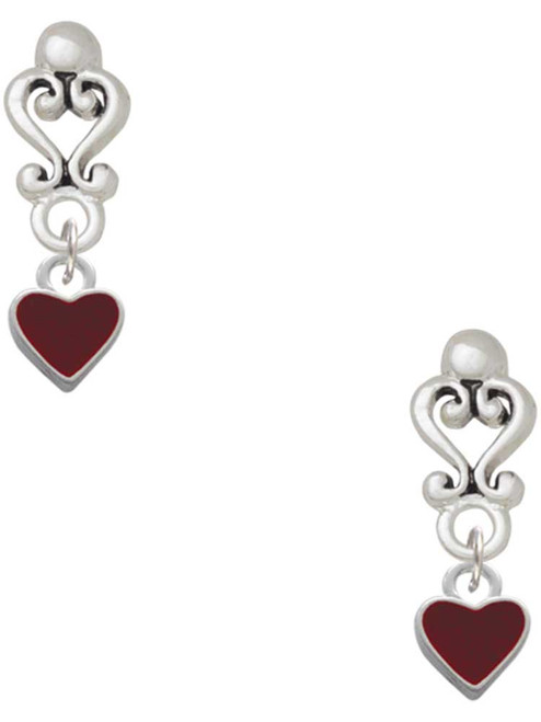 Silver Plated Mini Two Sided Maroon Heart - Filigree Heart Post Earrings