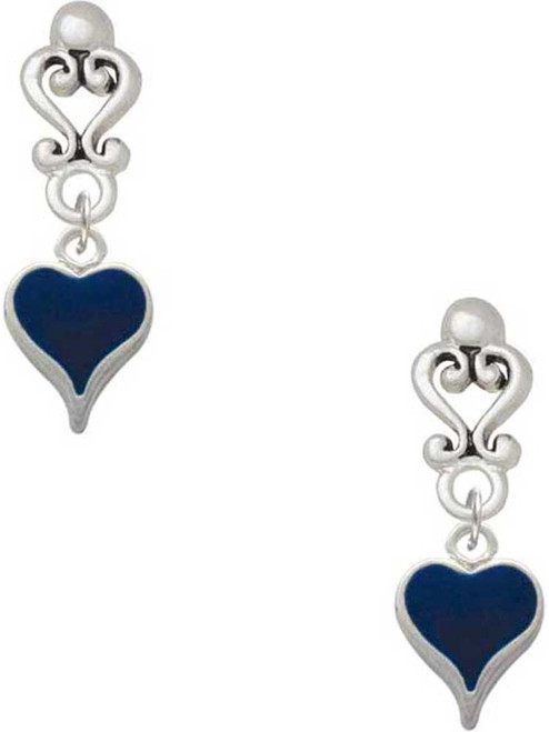 Silver Plated Small Long Blue Heart - Filigree Heart Post Earrings