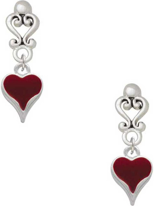 Silver Plated Small Long Maroon Heart - Filigree Heart Post Earrings
