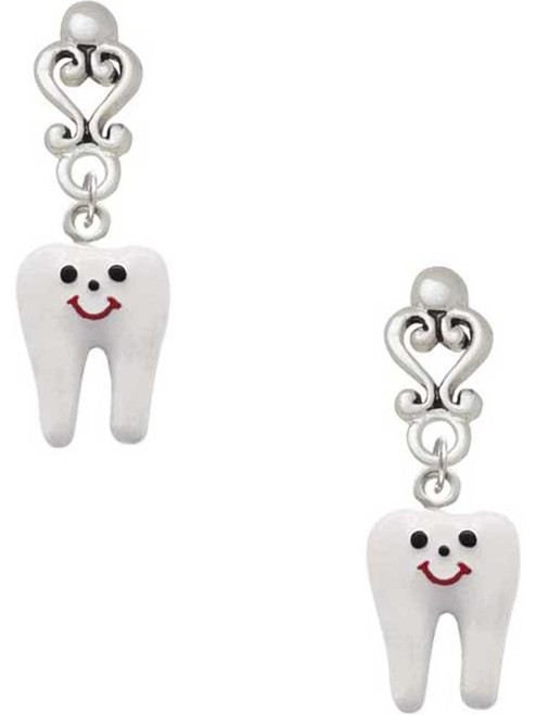 Silver Plated Enamel Smiling Tooth - Filigree Heart Post Earrings