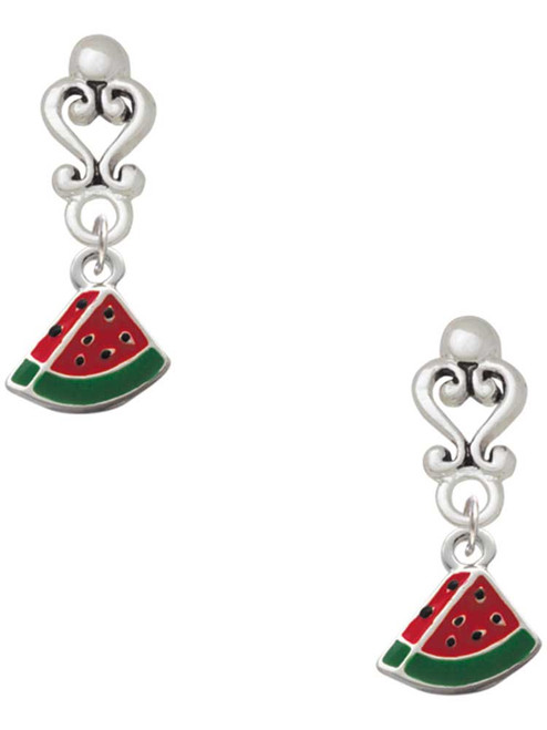 Silver Plated Mini Enamel Watermelon Slice - Filigree Heart Post Earrings