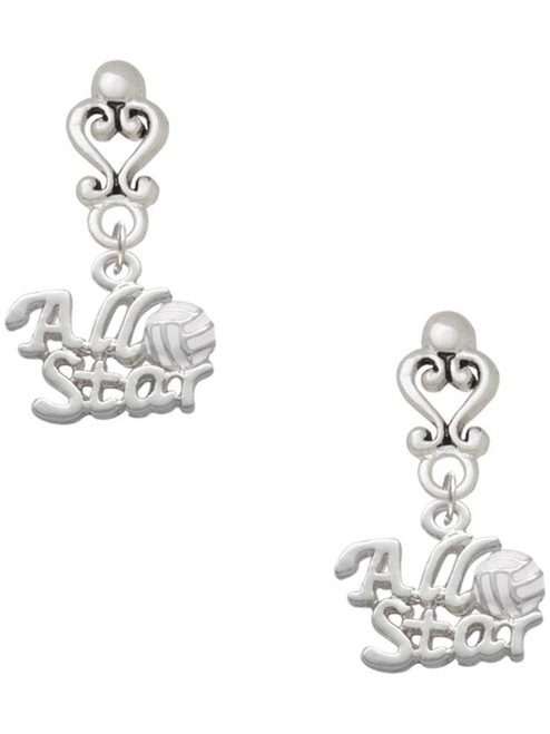 Silver Plated All Star - Volleyball - Filigree Heart Post Earrings