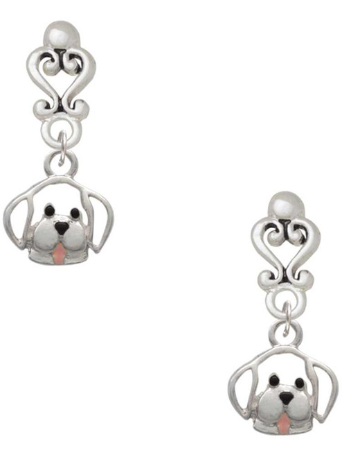 Silver Plated Small Outline Dog Face - Filigree Heart Post Earrings