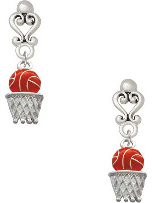 Silver Plated Basketball - Over Hoop - Filigree Heart Post Earrings