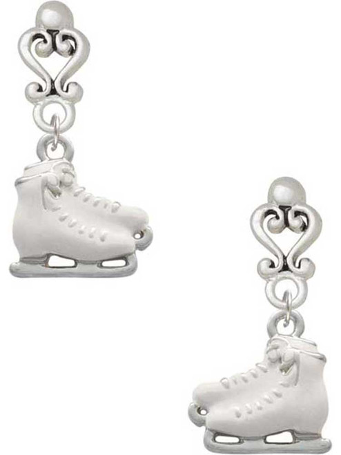 Silver Plated White Ice Skates - Filigree Heart Post Earrings