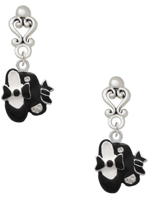 Silver Plated Black Enamel Tap Shoes - Filigree Heart Post Earrings
