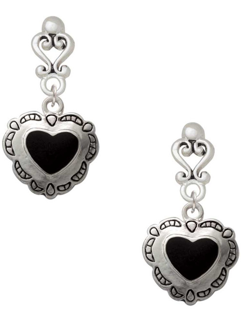 Silver Plated Black Concho Heart - Filigree Heart Post Earrings