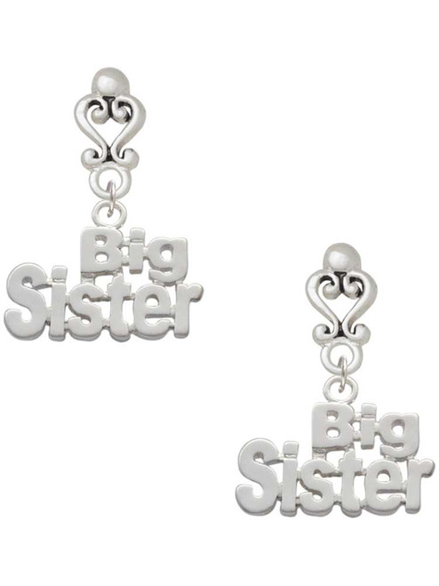Silver Plated Big Sister Cutout - Filigree Heart Post Earrings