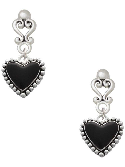 Silver Plated Black Heart with Beaded Border - Filigree Heart Post Earrings