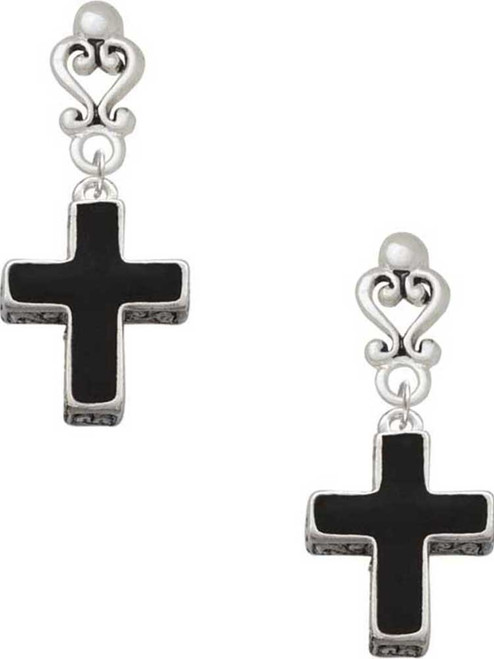 Silver Plated Large Black Enamel Cross with Decorated Sides - Filigree Heart Post Earrings