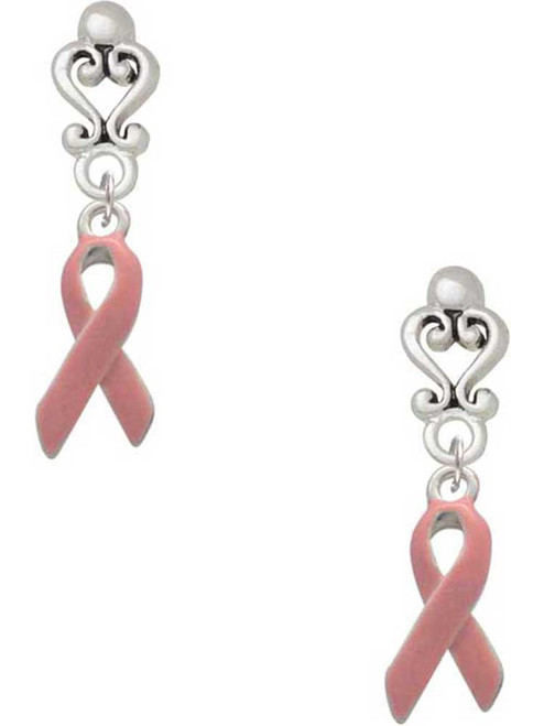 Silver Plated Pink Ribbon - Filigree Heart Post Earrings