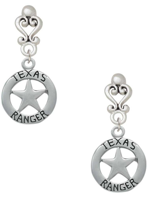Silver Plated Texas Ranger Badge - Filigree Heart Post Earrings