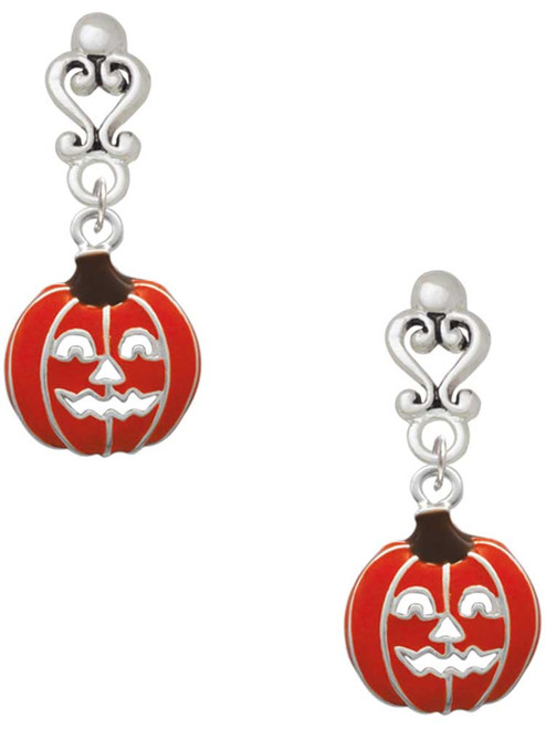 Silver Plated Jack O'Lantern with Cutout Eyes - Filigree Heart Post Earrings