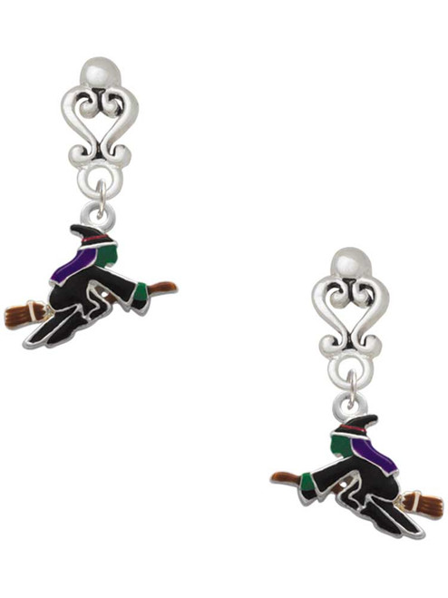 Silver Plated Flying Witch - Filigree Heart Post Earrings