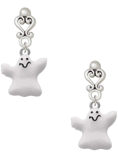 Silver Plated White Ghost - Filigree Heart Post Earrings
