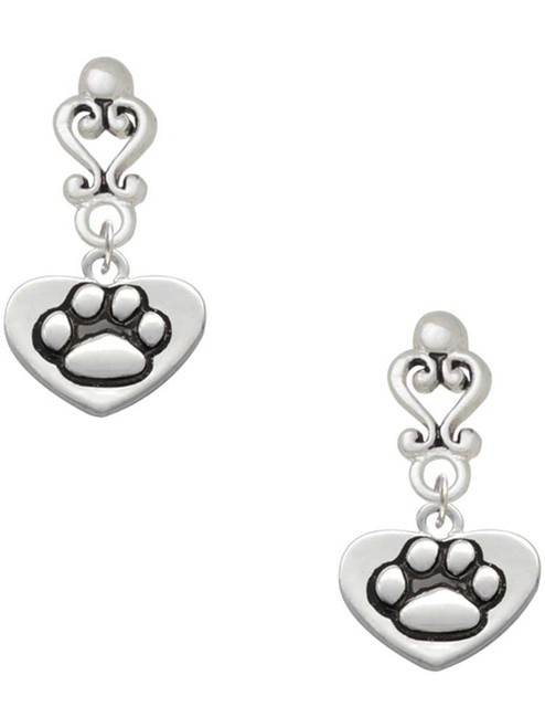 Silver Plated Paw in Heart - Filigree Heart Post Earrings