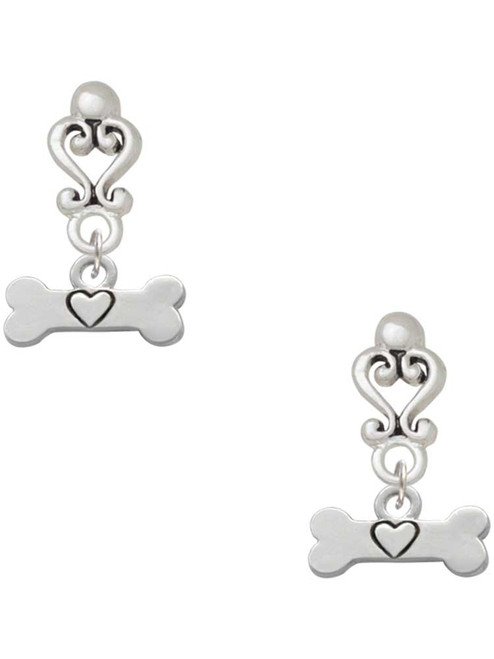 Silver Plated Dog Bone with Heart - Filigree Heart Post Earrings