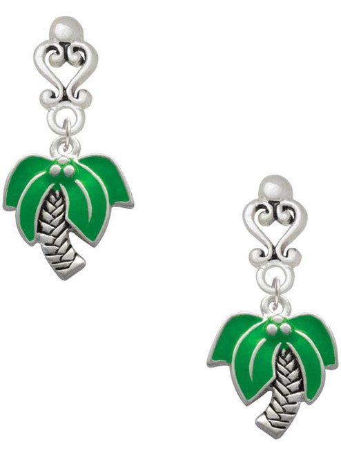 Silver Plated Large Enamel Palm Tree - Filigree Heart Post Earrings