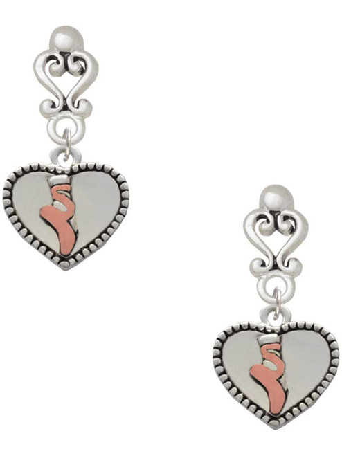 Silver Plated Ballet Shoe in Heart - Filigree Heart Post Earrings