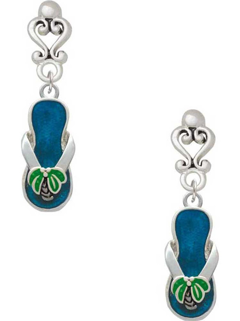 Silver Plated Tropical Blue Flip Flop with Palm Tree - Filigree Heart Post Earrings