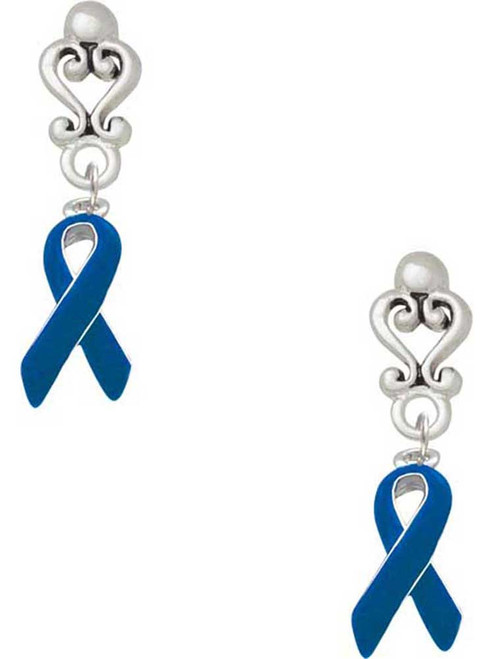 Silver Plated Blue Ribbon - Filigree Heart Post Earrings